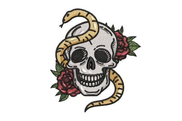 Tattoo Style Skull with Snake and Roses Embroidery Design